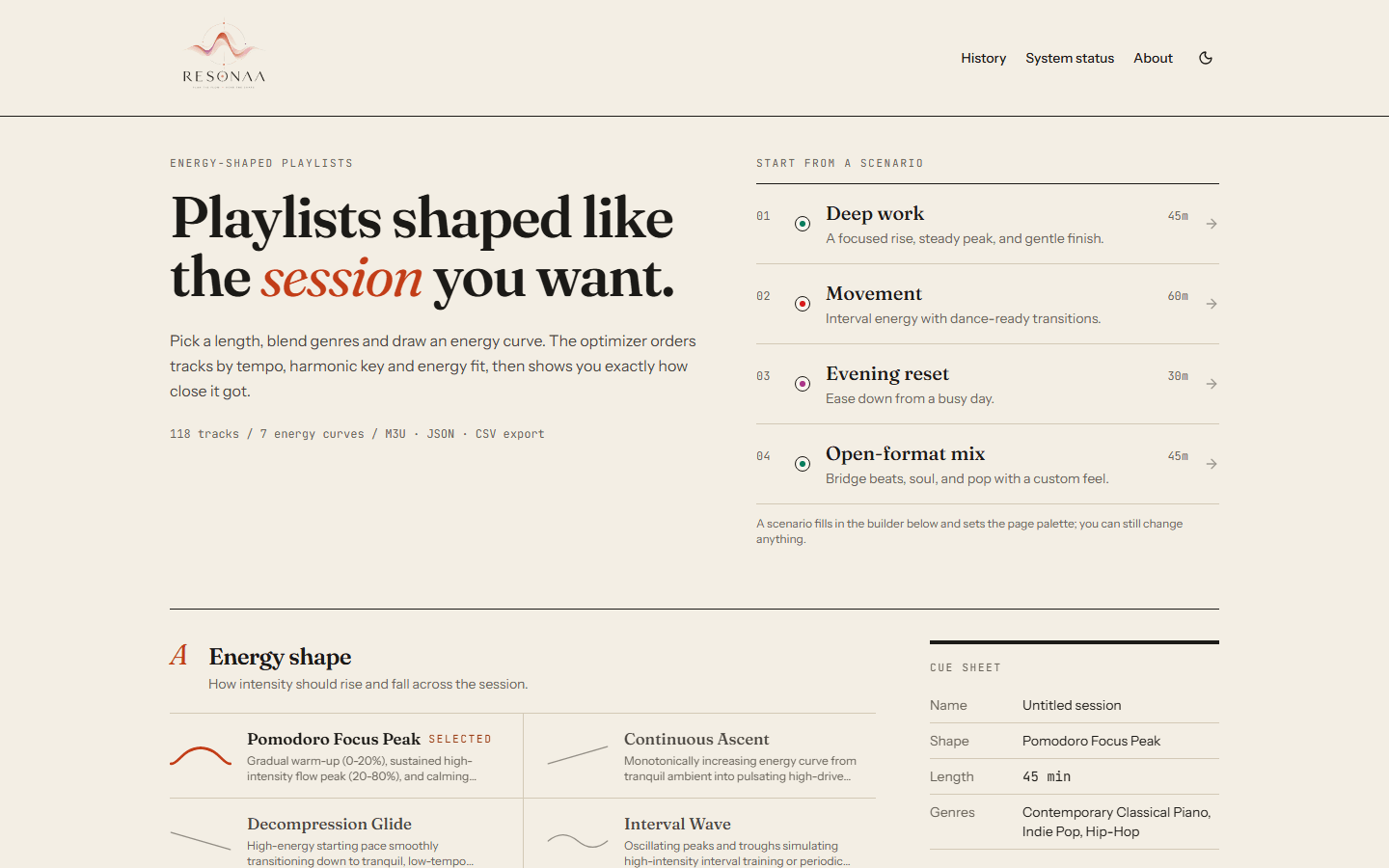 Resonaa home page in light mode with the headline “Playlists shaped like the session you want.”